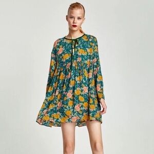 Zara Green/Yellow Floral Long Sleeve Romper w/ Green Velvet Ribbon Mini Size M